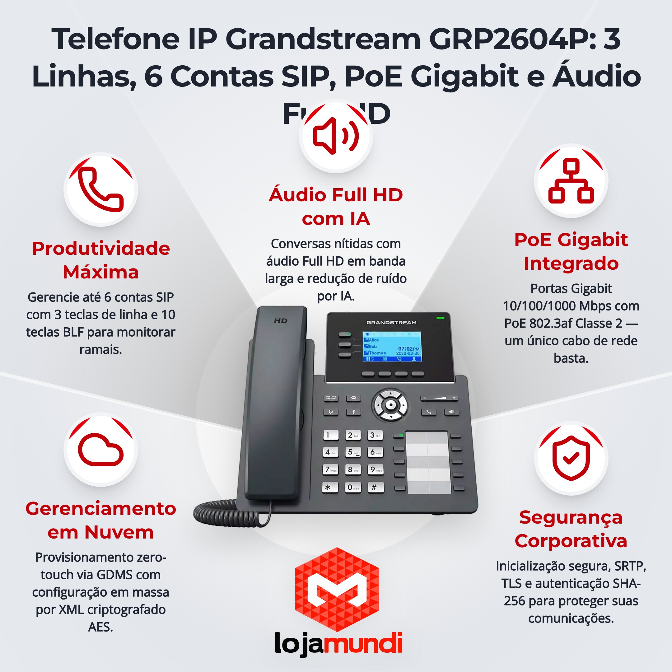 Telefone IP Grandstream GRP2604P Gigabit PoE 3 Linhas HD - miniatura 4