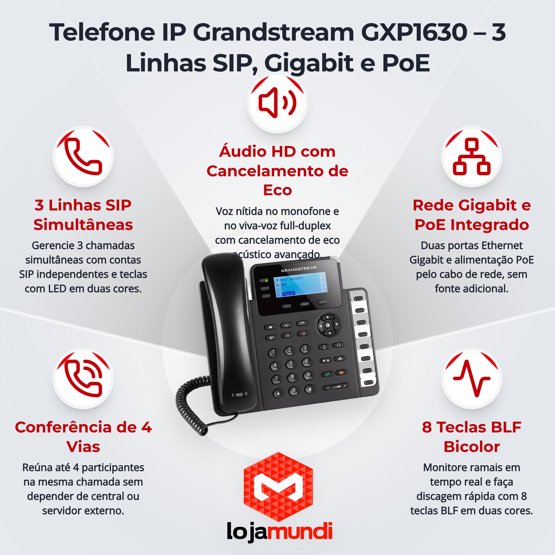 Telefone IP Grandstream GXP1630 Gigabit 3 Linhas PoE Áudio HD - miniatura 6
